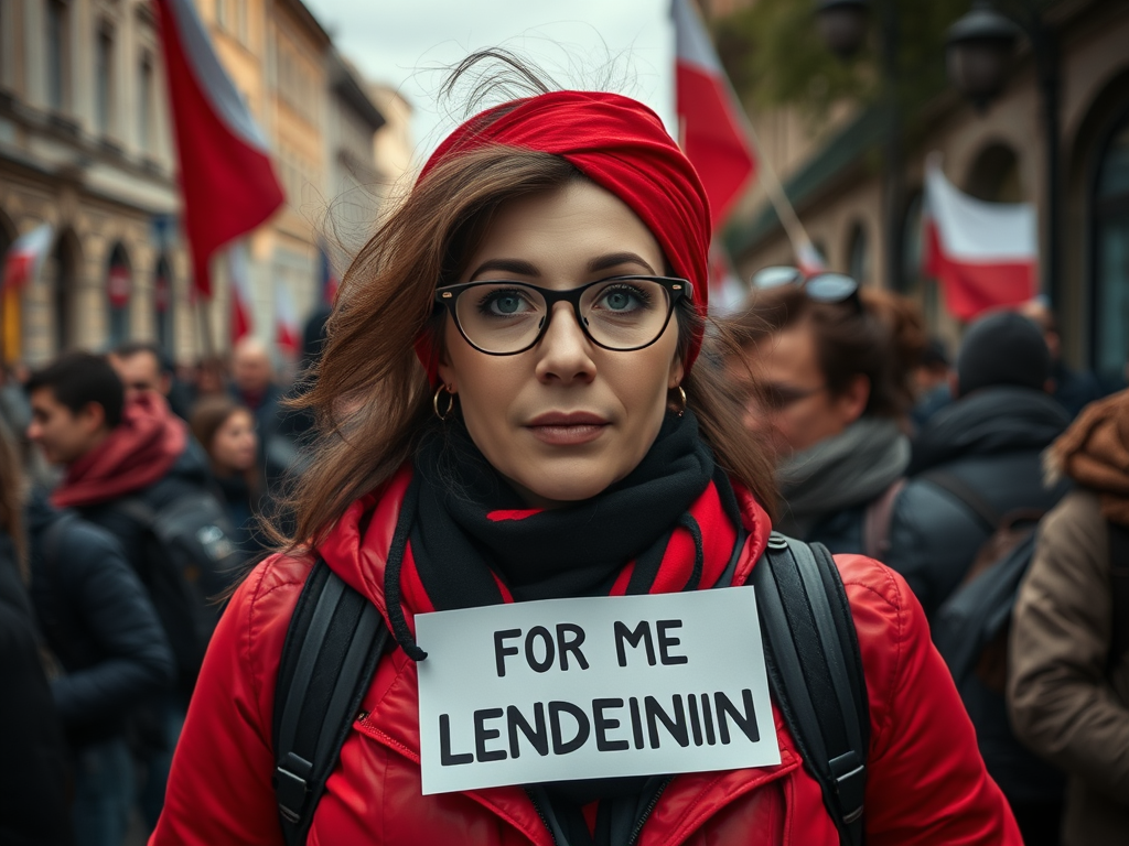 Женщина в красной куртке и платке с плакатом "FOR ME LENDENIIN" на фоне людей с флагами.