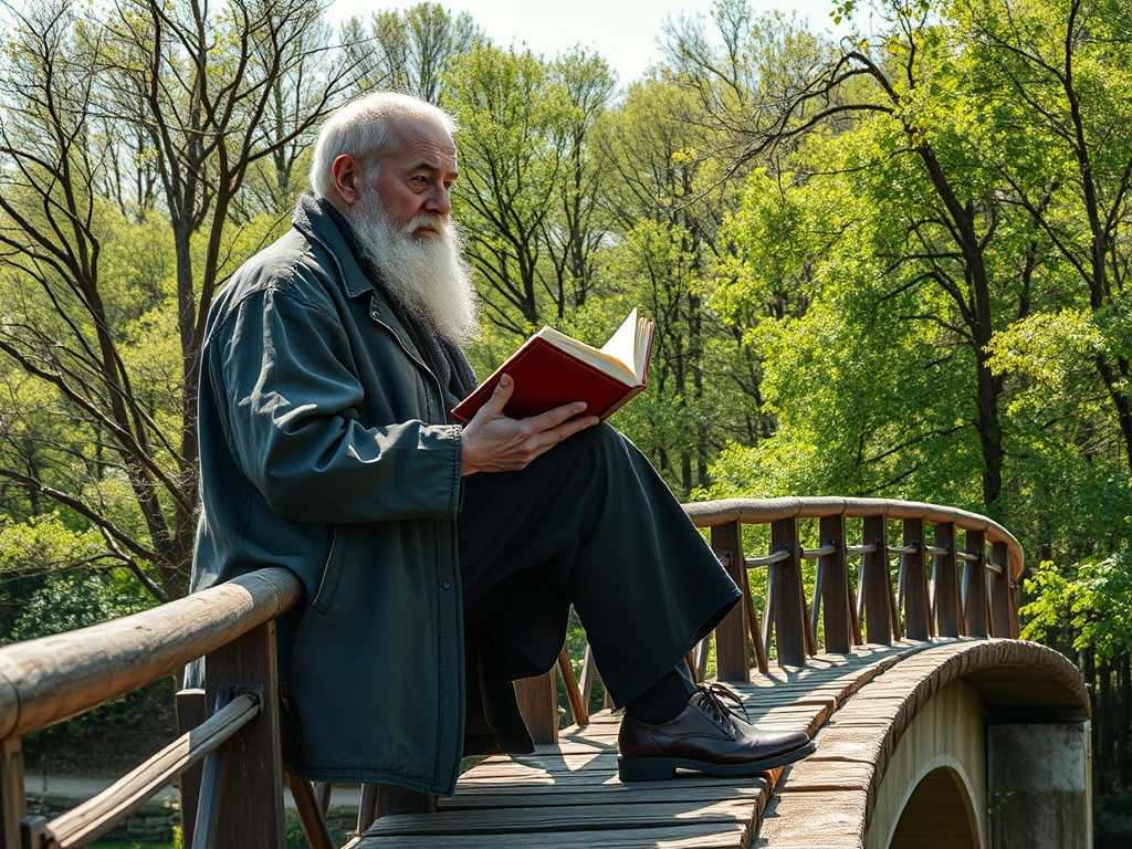 Пожилой человек с белой бородой читает книгу на мосту среди зелёной природы. Солнечный день и спокойная атмосфера.