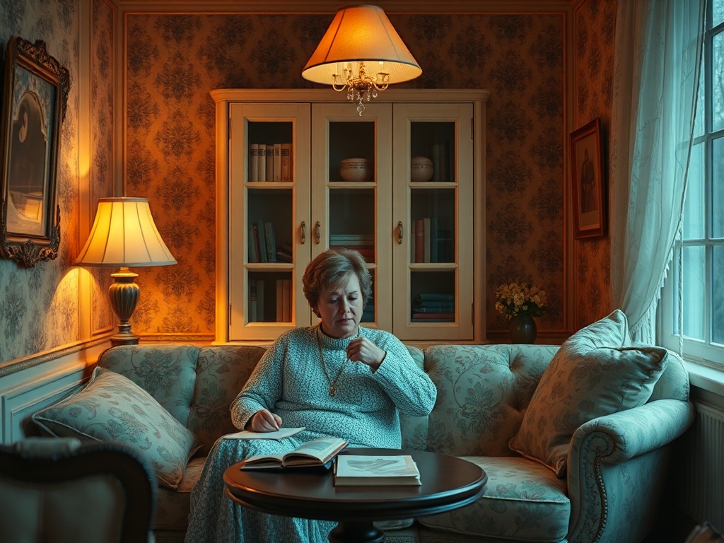Женщина в уютной комнате читает книгу, освещённой мягким светом лампы. Комната оформлена в тёплых тонах.