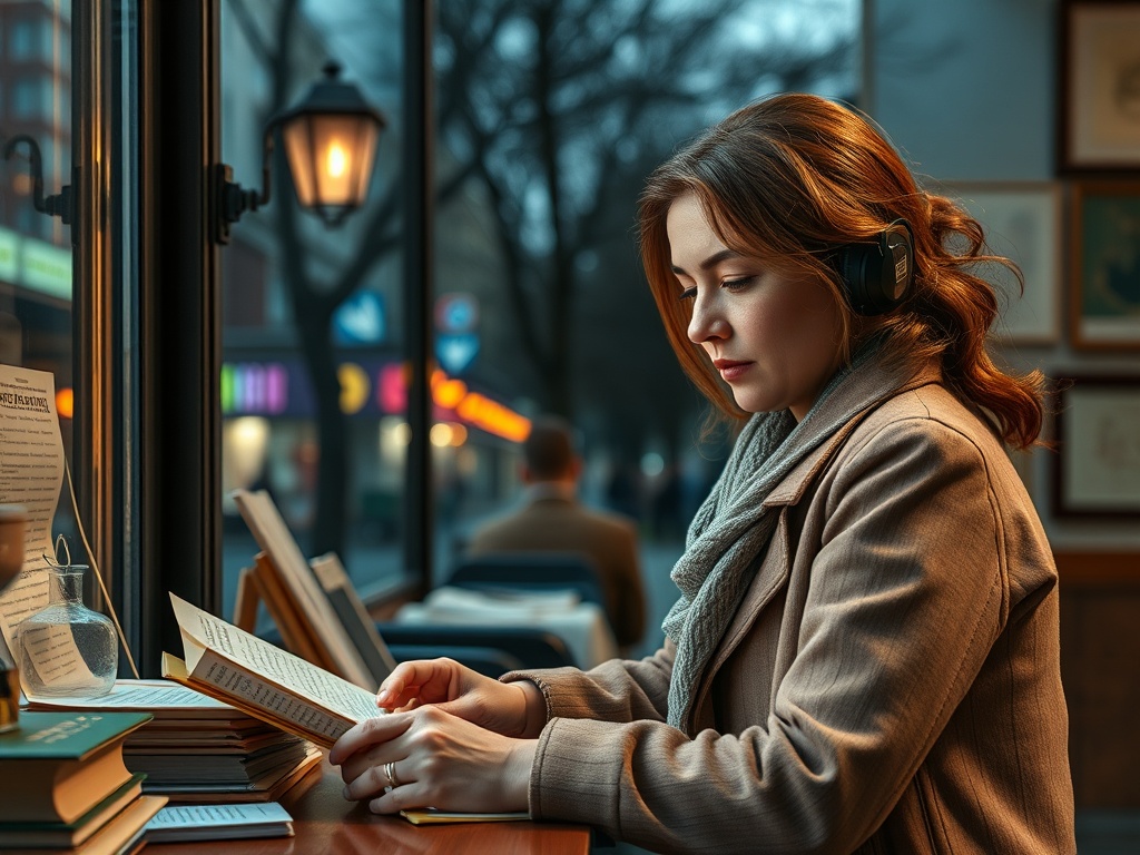 Девушка в наушниках читает книгу в уютном кафе с большим окном и размытым фоном.