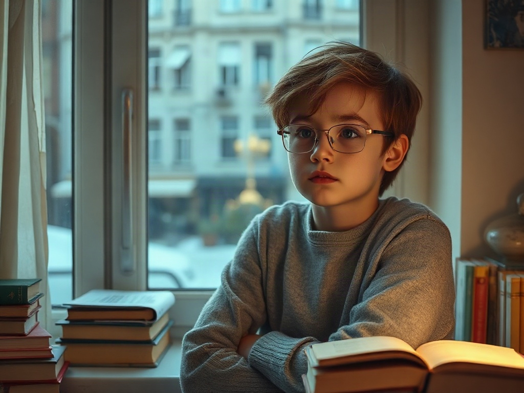 Мальчик с glasses сидит у окна, окружённый книгами, задумчиво смотрит на улицу.