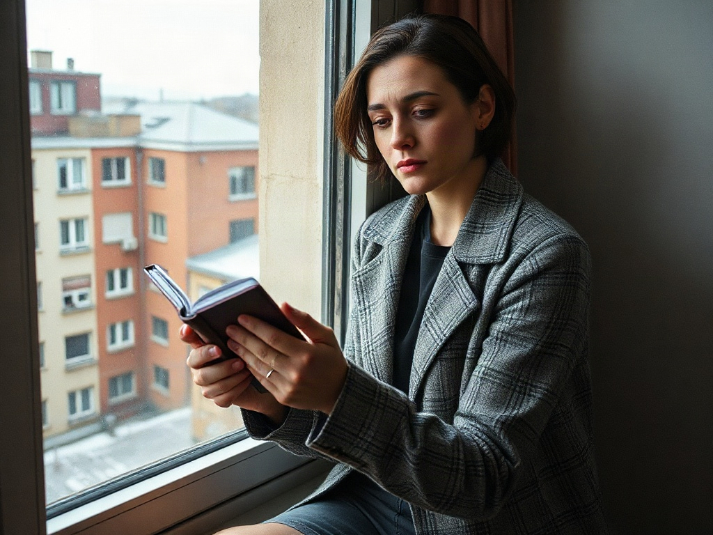 Женщина в плаще читает книгу у окна, смотря на улицу с многоквартирными домами на фоне.